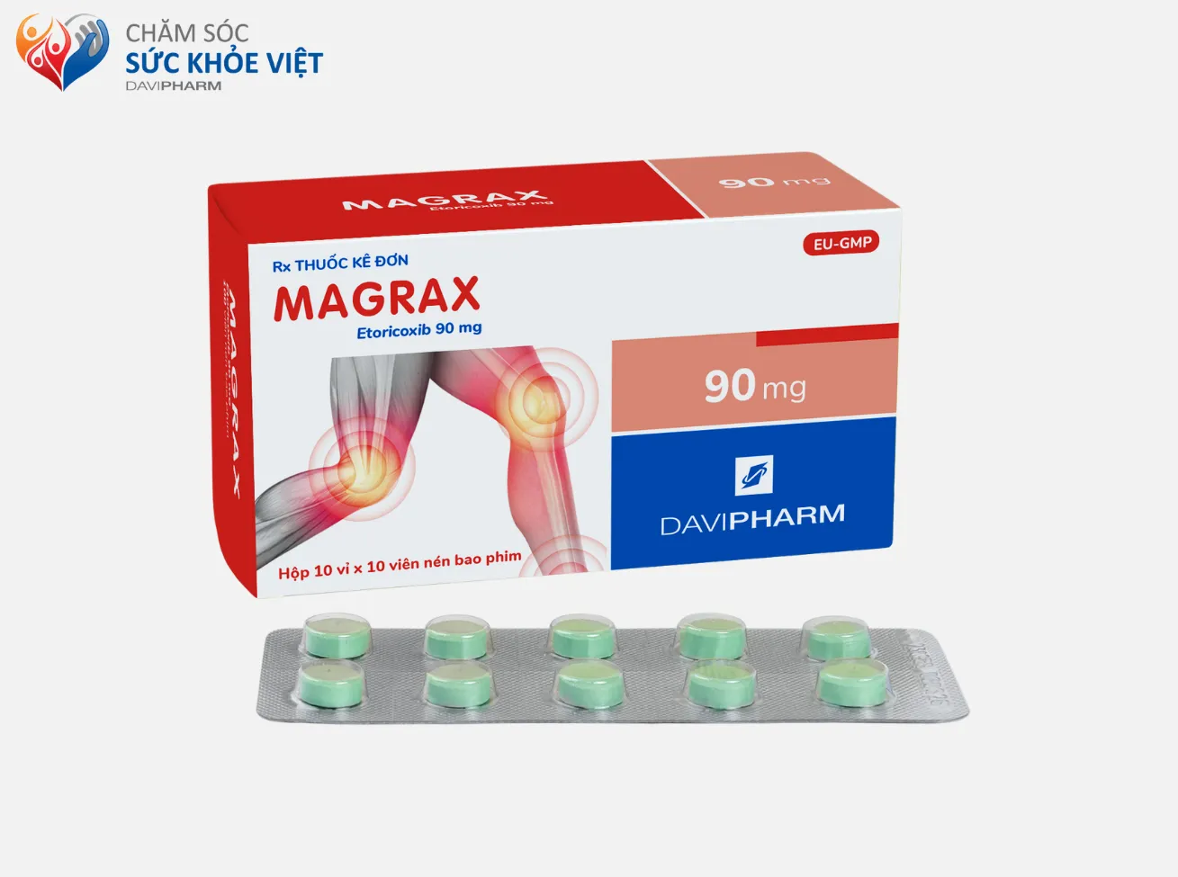 Sản phẩm MAGRAX chứa hoạt chất etoricoxib 90 mg – thuốc điều trị các bệnh lý cơ xương khớp.