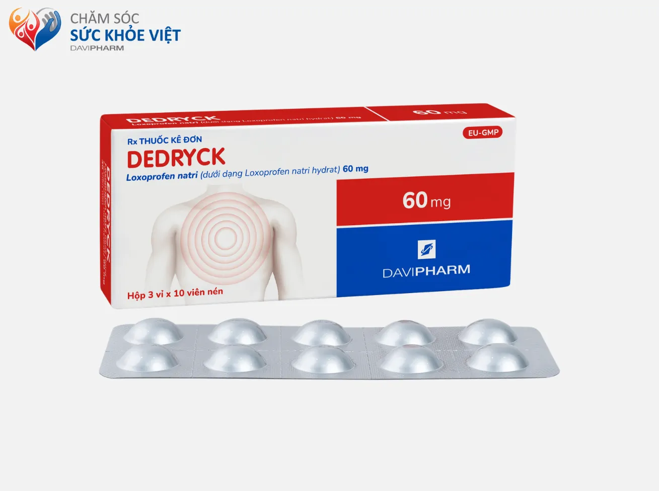 Sản phẩm DEDRYCK chứa hoạt chất loxoprofen natri, được chỉ định để giảm đau, chống viêm và hạ sốt trong một số bệnh lý cơ xương khớp, đau sau phẫu thuật, chấn thương, nhổ răng và nhiễm khuẩn đường hô hấp.