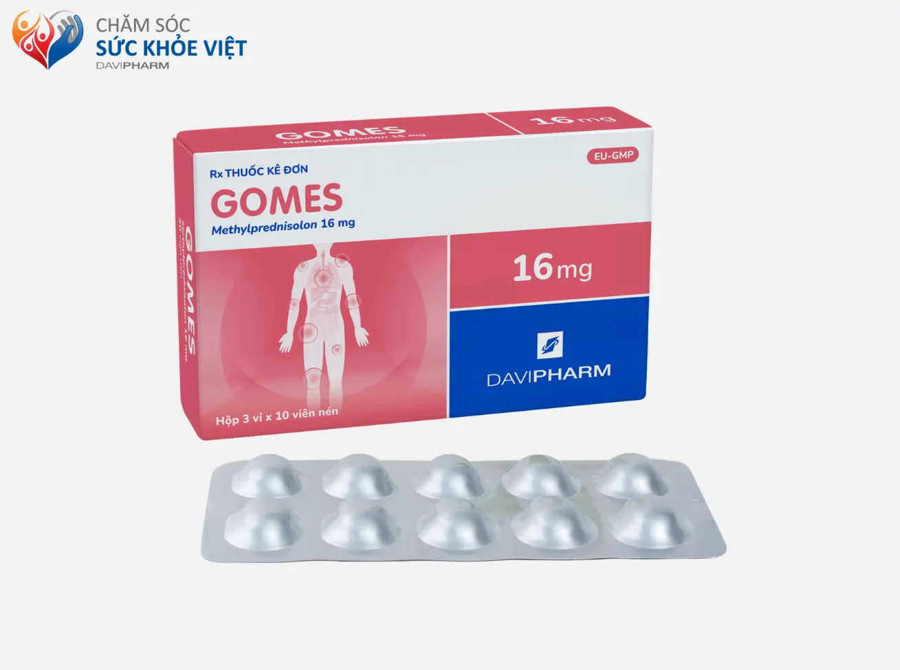 Sản phẩm GOMES chứa hoạt chất methylprednisolon hàm lượng 16 mg – thuốc kháng viêm, ức chế miễn dịch điều trị các tình trạng như viêm khớp dạng thấp, lupus ban đỏ hệ thống, một số thể viêm mạch và hội chứng thận hư nguyên phát.