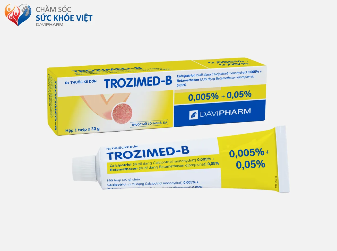 Sản phẩm TROZIMED-B chứa hoạt chất calcipotriol 0,005% và betamethason 0,05% - Thuốc dùng điều trị bệnh vảy nến thông thường dạng mảng bám ở người lớn trên 18 tuổi.