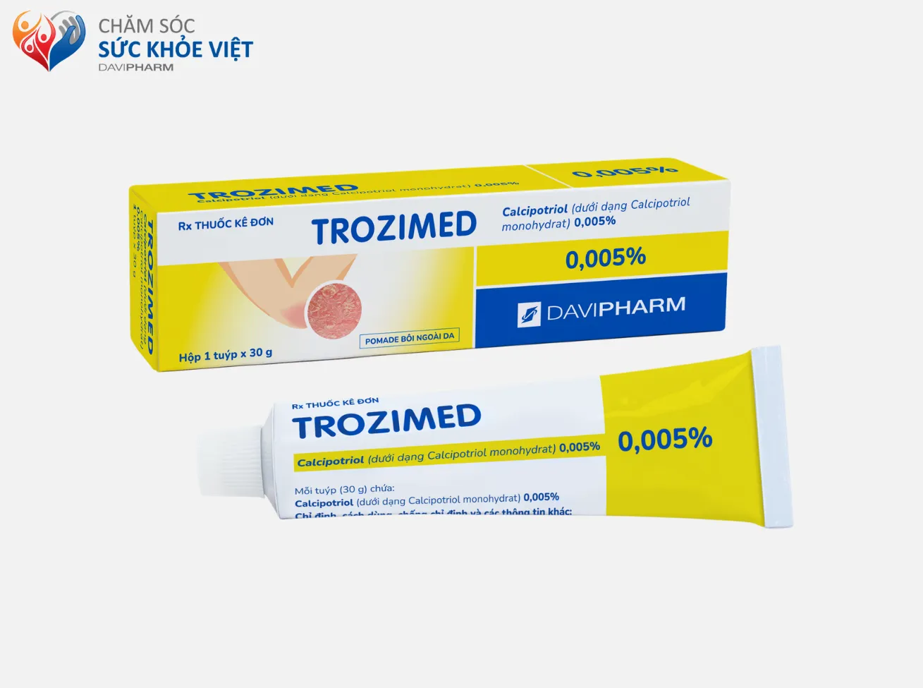 Sản phẩm TROZIMED chứa hoạt chất calcipotriol - thuốc điều trị vảy nến mảng mức độ nhẹ đến vừa.